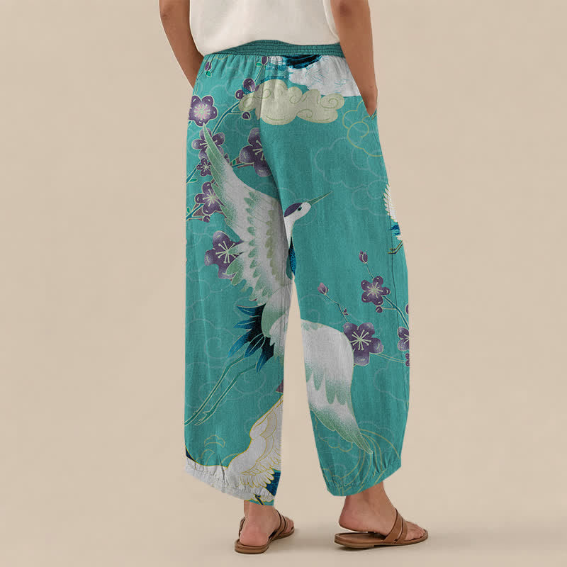 Buddha Stones Cotton Oriental Crane Blossom Pattern Pleated Elastic Waist Women's Harem Pants With Pockets - image 12
