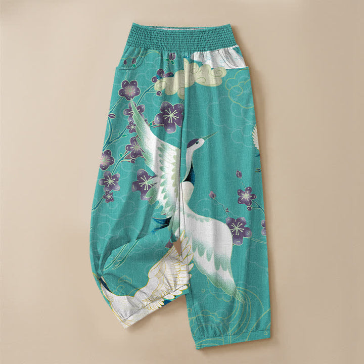 Buddha Stones Cotton Oriental Crane Blossom Pattern Pleated Elastic Waist Women's Harem Pants With Pockets - image 13