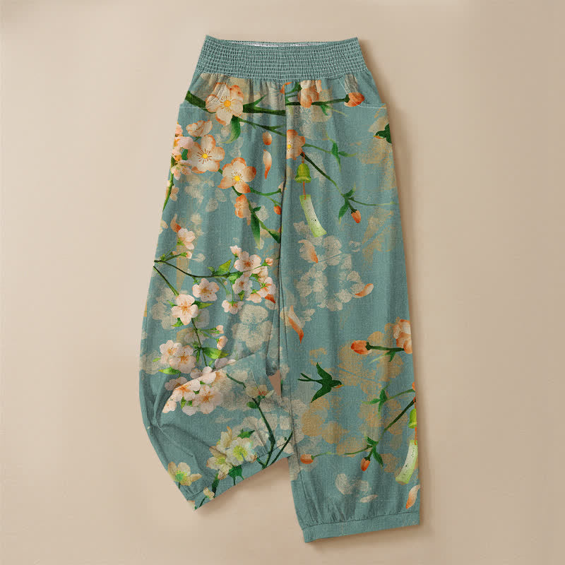 Buddha Stones Cotton Sakura Blossom Pattern Pleated Elastic Waist Women's Harem Pants With Pockets - image 3