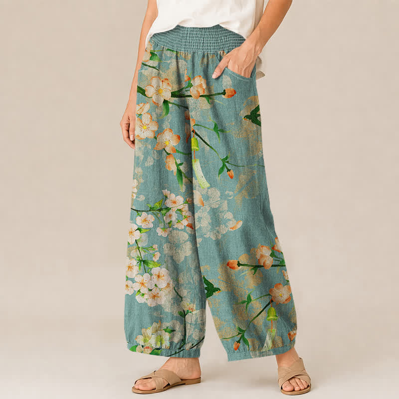 Buddha Stones Cotton Sakura Blossom Pattern Pleated Elastic Waist Women's Harem Pants With Pockets - image 1