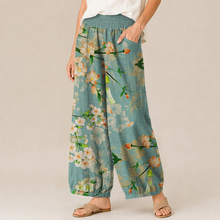 Buddha Stones Cotton Sakura Blossom Pattern Pleated Elastic Waist Women's Harem Pants With Pockets - image 1