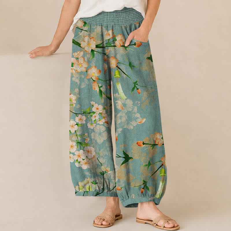 Buddha Stones Cotton Sakura Blossom Pattern Pleated Elastic Waist Women's Harem Pants With Pockets - CadetBlue - US16，UK/AU20，EU48 (3XL) - image 0