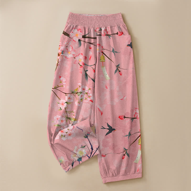 Buddha Stones Cotton Sakura Blossom Pattern Pleated Elastic Waist Women's Harem Pants With Pockets - image 9