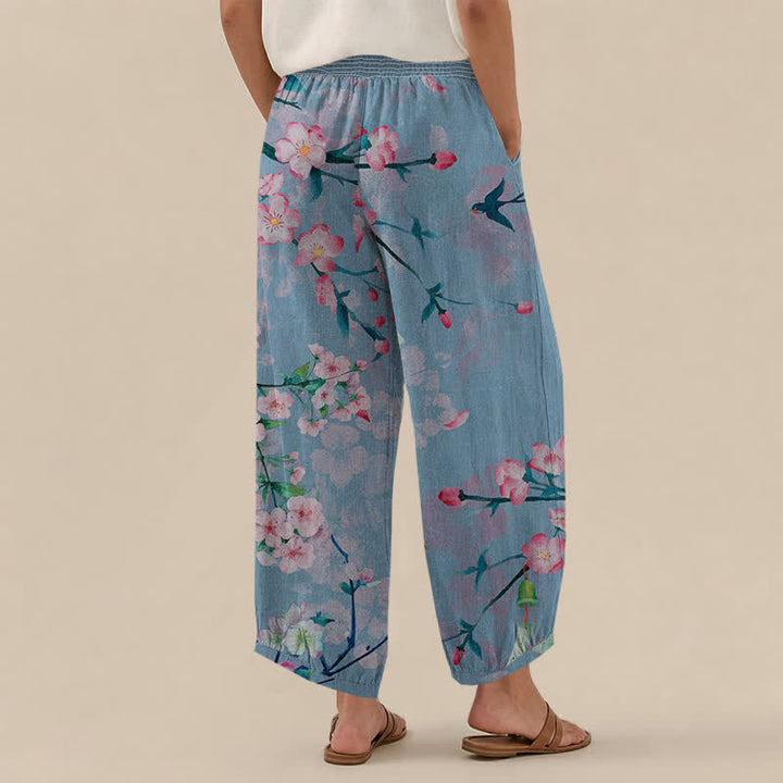 Buddha Stones Cotton Sakura Blossom Pattern Pleated Elastic Waist Women's Harem Pants With Pockets - image 12