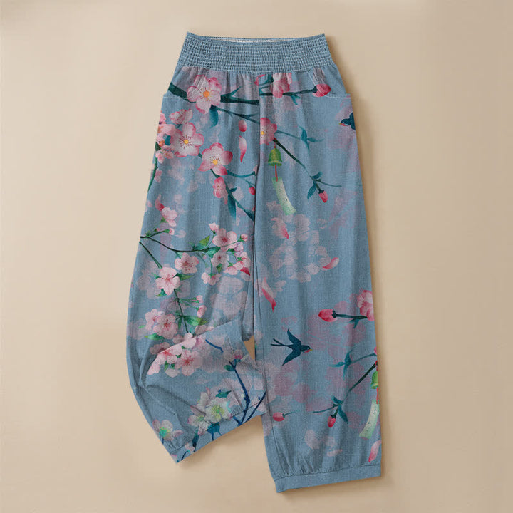 Buddha Stones Cotton Sakura Blossom Pattern Pleated Elastic Waist Women's Harem Pants With Pockets - image 13