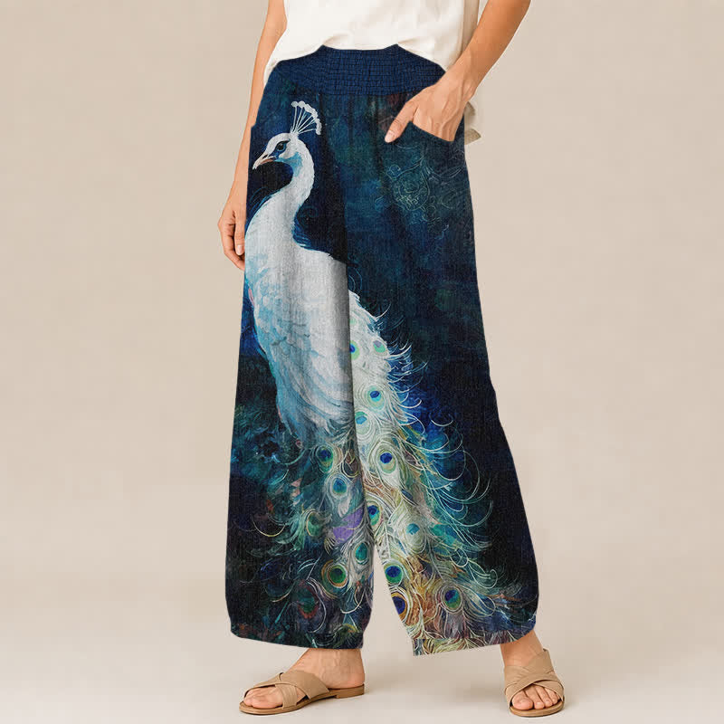Buddha Stones Cotton White Peacock Feather Pattern Pleated Elastic Waist Women's Harem Pants With Pockets - image 1