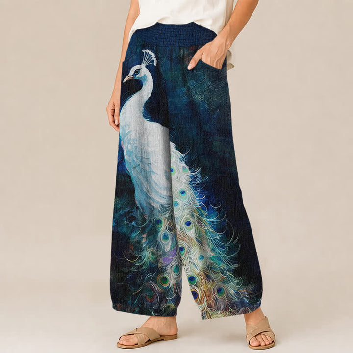 Buddha Stones Cotton White Peacock Feather Pattern Pleated Elastic Waist Women's Harem Pants With Pockets - image 1