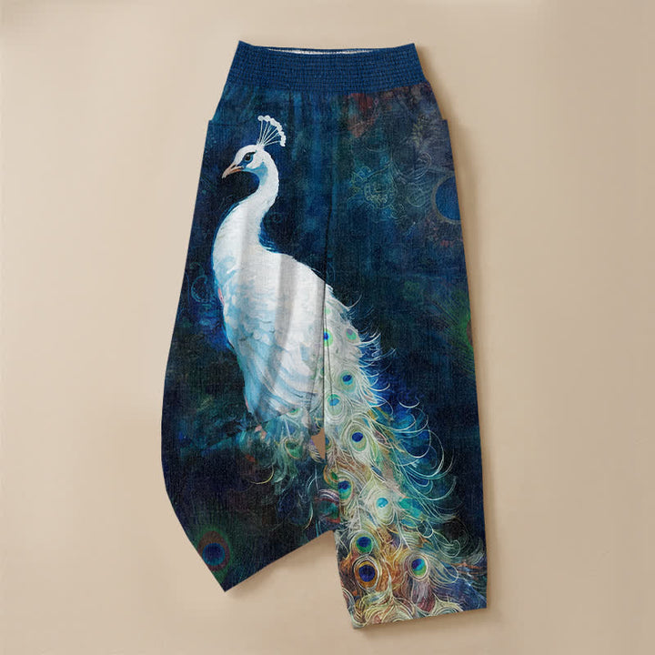 Buddha Stones Cotton White Peacock Feather Pattern Pleated Elastic Waist Women's Harem Pants With Pockets - image 3