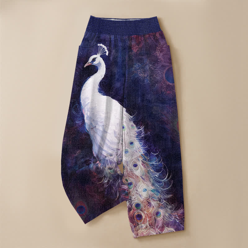 Buddha Stones Cotton White Peacock Feather Pattern Pleated Elastic Waist Women's Harem Pants With Pockets - image 9