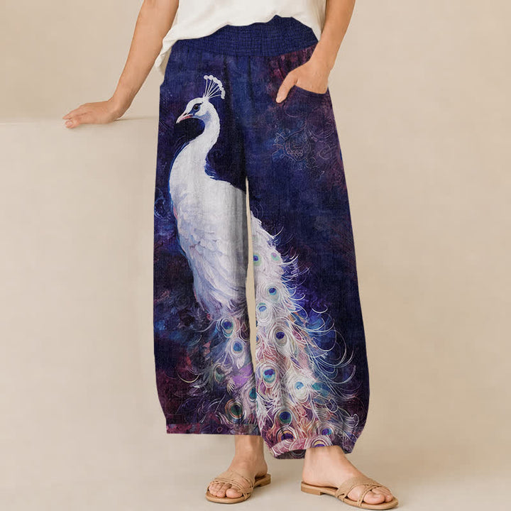 Buddha Stones Cotton White Peacock Feather Pattern Pleated Elastic Waist Women's Harem Pants With Pockets - Indigo - US16，UK/AU20，EU48 (3XL) - image 6