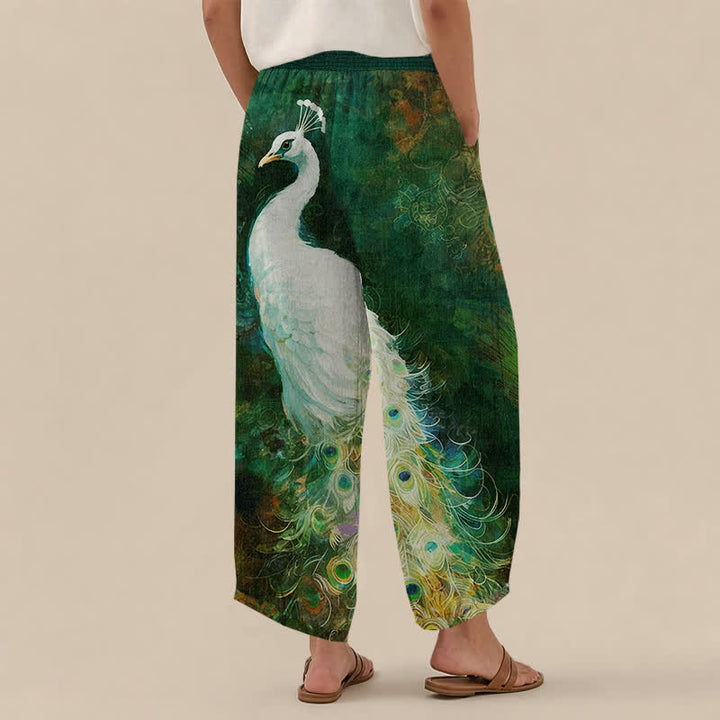 Buddha Stones Cotton White Peacock Feather Pattern Pleated Elastic Waist Women's Harem Pants With Pockets - image 12