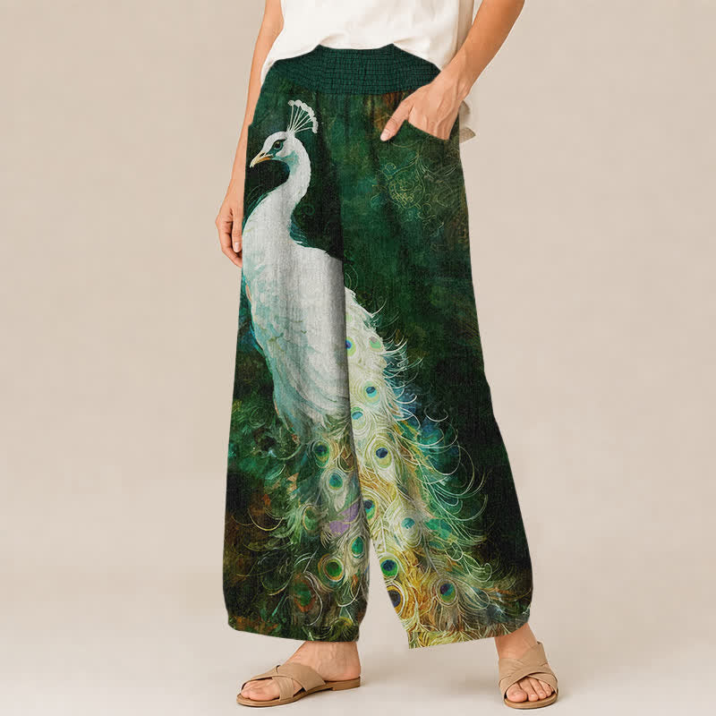 Buddha Stones Cotton White Peacock Feather Pattern Pleated Elastic Waist Women's Harem Pants With Pockets - image 11