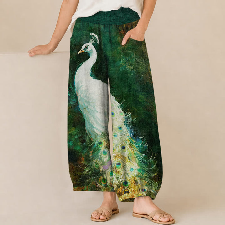 Buddha Stones Cotton White Peacock Feather Pattern Pleated Elastic Waist Women's Harem Pants With Pockets - DarkGreen - US16，UK/AU20，EU48 (3XL) - image 10