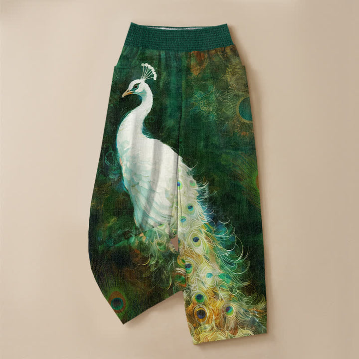 Buddha Stones Cotton White Peacock Feather Pattern Pleated Elastic Waist Women's Harem Pants With Pockets - image 13
