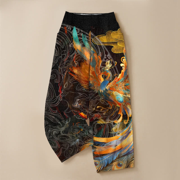 Buddha Stones Cotton Oriental Phoenix Feather Pattern Pleated Elastic Waist Women's Harem Pants With Pockets - image 3