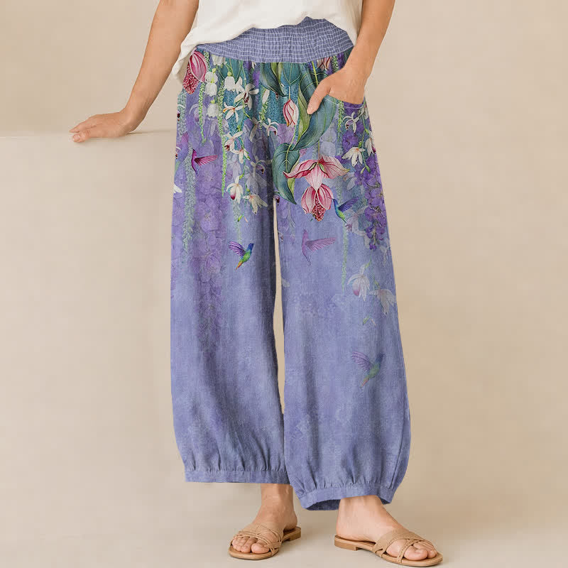 Buddha Stones Cotton Lavender Floral Hummingbird Garden Pattern Pleated Elastic Waist Women's Harem Pants With Pockets - MediumSlateBlue - US16，UK/AU20，EU48 (3XL) - image 0
