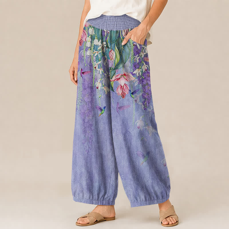Buddha Stones Cotton Lavender Floral Hummingbird Garden Pattern Pleated Elastic Waist Women's Harem Pants With Pockets - image 1