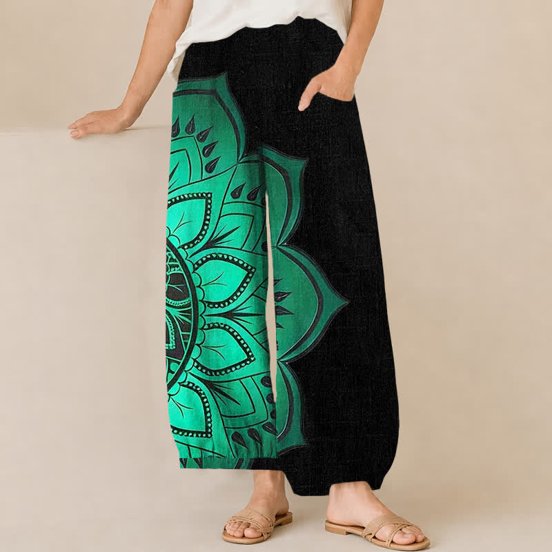 Buddha Stones Cotton Bohemian Mandala Floral Pattern Pleated Elastic Waist Women's Harem Pants With Pockets - Black - US16，UK/AU20，EU48 (3XL) - image 0