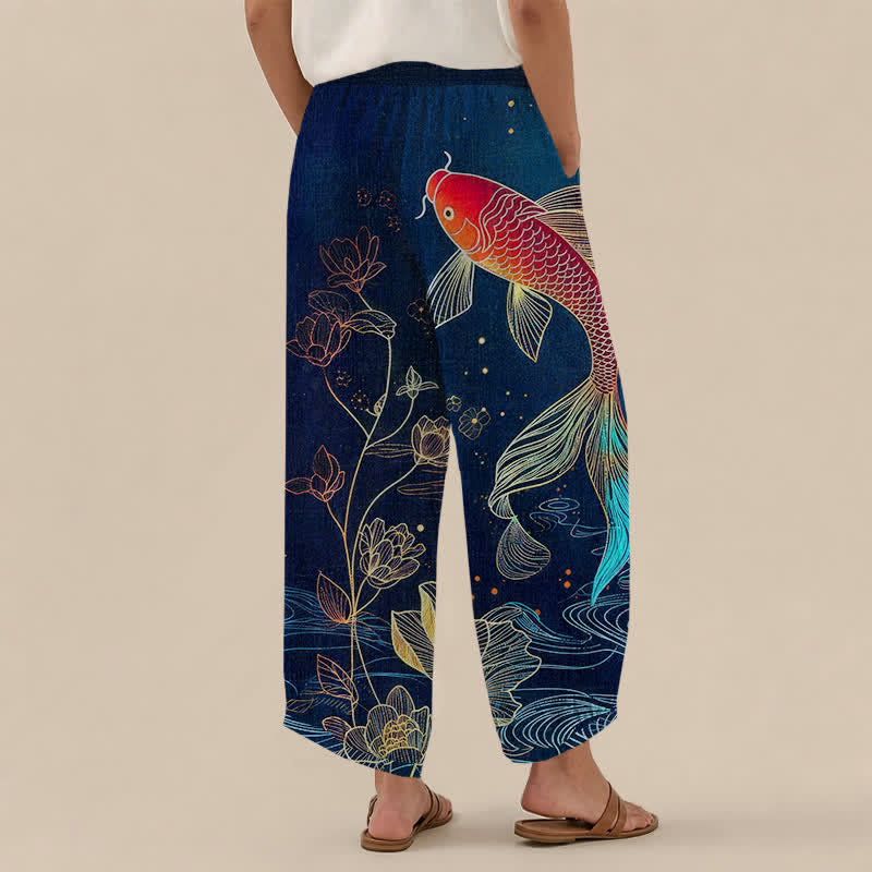 Buddha Stones Cotton Red Koi Fish Lotus Ripple Pattern Pleated Elastic Waist Women's Harem Pants With Pockets - image 2