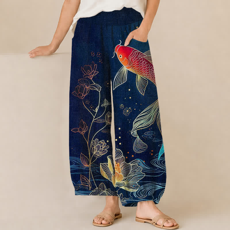 Buddha Stones Cotton Red Koi Fish Lotus Ripple Pattern Pleated Elastic Waist Women's Harem Pants With Pockets - Navy - US16，UK/AU20，EU48 (3XL) - image 0