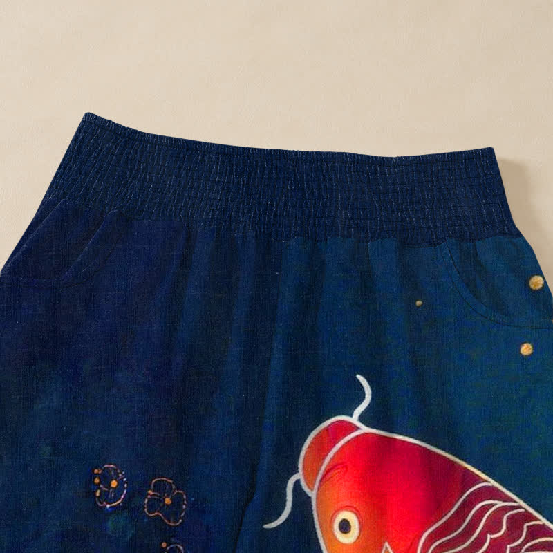 Buddha Stones Cotton Red Koi Fish Lotus Ripple Pattern Pleated Elastic Waist Women's Harem Pants With Pockets - image 4