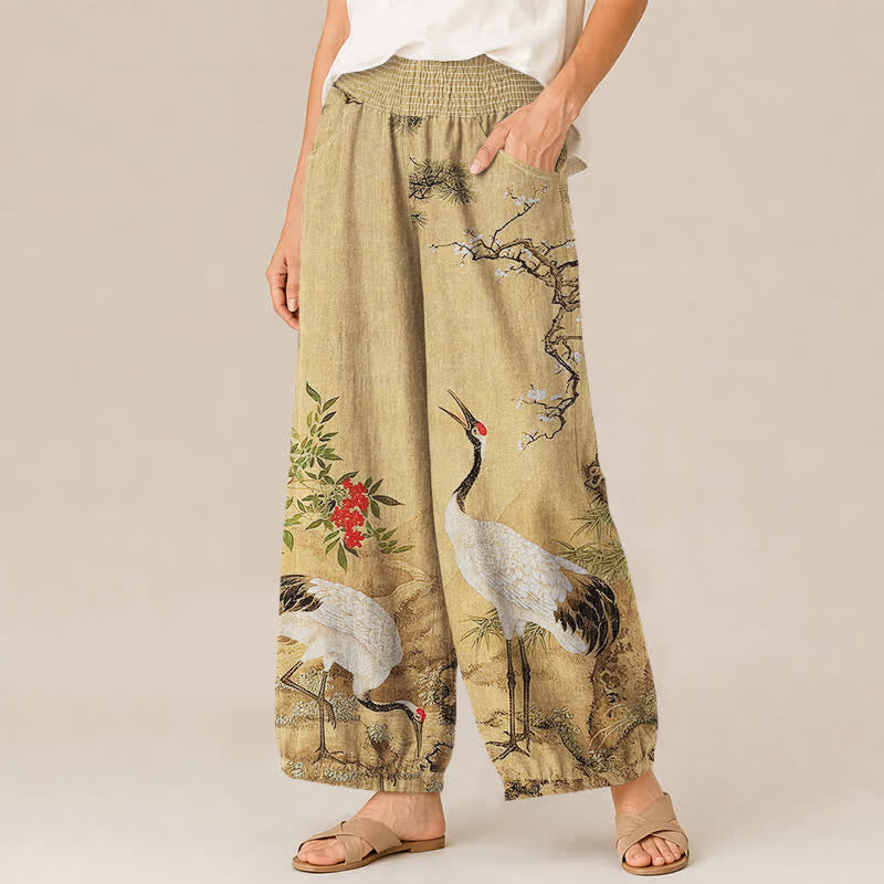 Buddha Stones Cotton Oriental White Crane Red Blossom Pattern Pleated Elastic Waist Women's Harem Pants With Pockets - image 1