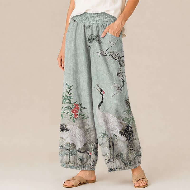 Buddha Stones Cotton Oriental White Crane Red Blossom Pattern Pleated Elastic Waist Women's Harem Pants With Pockets - image 11