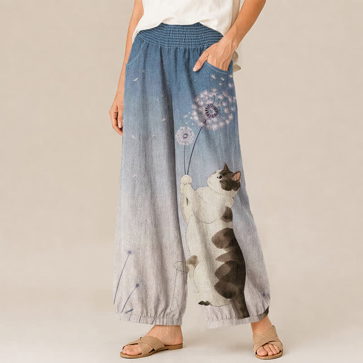 Buddha Stones Cotton Playful Cat Dandelion Pattern Pleated Elastic Waist Women's Harem Pants With Pockets - image 1