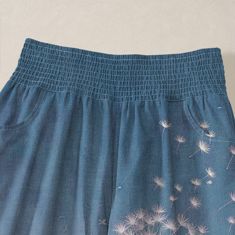 Buddha Stones Cotton Playful Cat Dandelion Pattern Pleated Elastic Waist Women's Harem Pants With Pockets - image 4