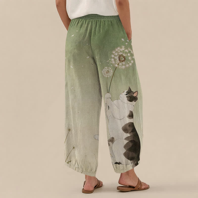 Buddha Stones Cotton Playful Cat Dandelion Pattern Pleated Elastic Waist Women's Harem Pants With Pockets - image 8