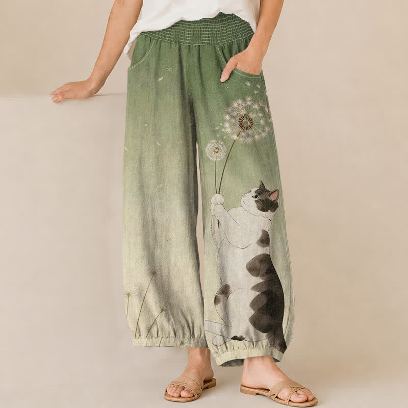 Buddha Stones Cotton Playful Cat Dandelion Pattern Pleated Elastic Waist Women's Harem Pants With Pockets - OliveDrab - US16，UK/AU20，EU48 (3XL) - image 6
