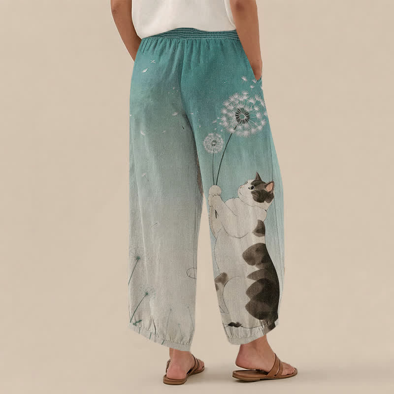 Buddha Stones Cotton Playful Cat Dandelion Pattern Pleated Elastic Waist Women's Harem Pants With Pockets - image 12