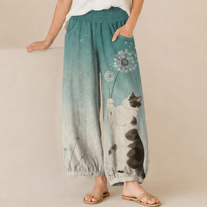Buddha Stones Cotton Playful Cat Dandelion Pattern Pleated Elastic Waist Women's Harem Pants With Pockets - LightSeaGreen - US16，UK/AU20，EU48 (3XL) - image 10