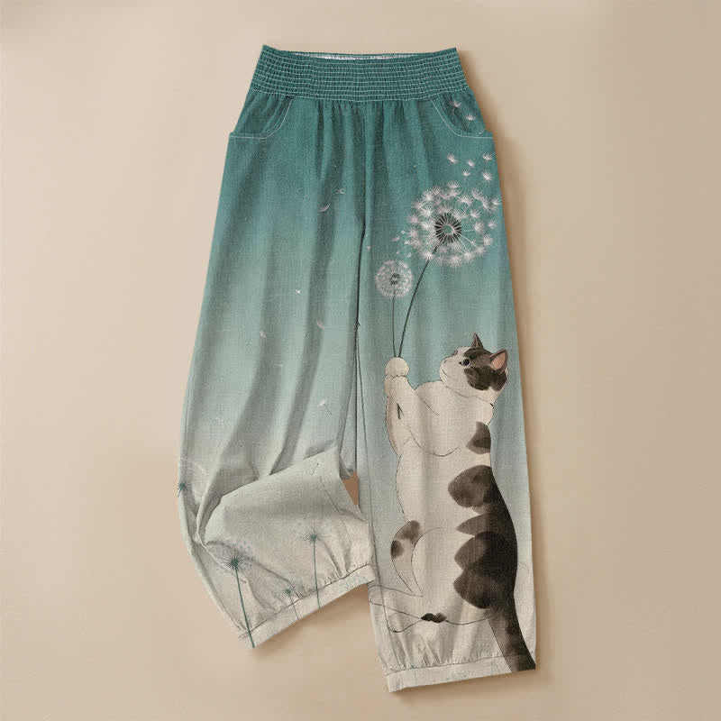 Buddha Stones Cotton Playful Cat Dandelion Pattern Pleated Elastic Waist Women's Harem Pants With Pockets - image 13