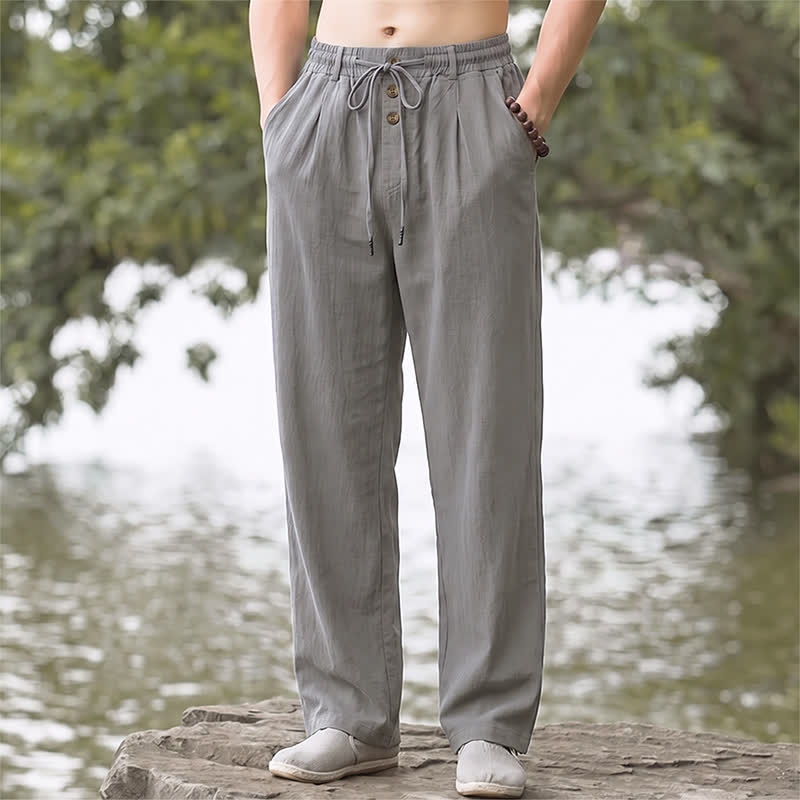 Buddha Stones Spring Summer Classic Decorative Buttons Drawstring Solid Long Pants Men's Straight Leg Pants With Pockets - Gray - US/UK/AU42, EU52 (3XL) - image 9