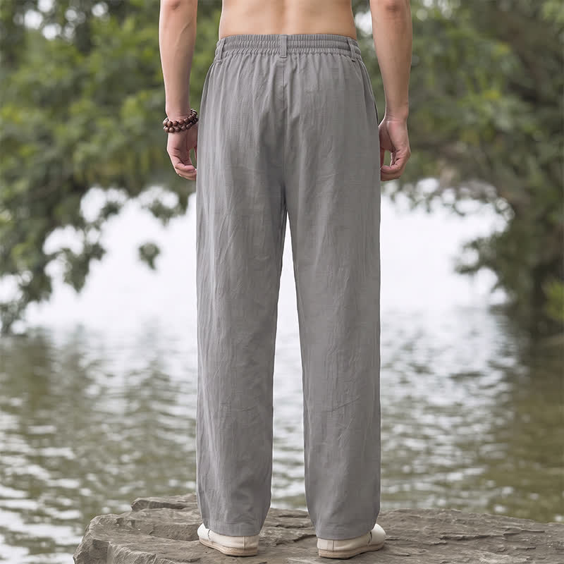 Buddha Stones Spring Summer Classic Decorative Buttons Drawstring Solid Long Pants Men's Straight Leg Pants With Pockets - image 10
