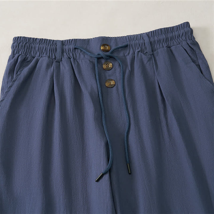 Buddha Stones Spring Summer Classic Decorative Buttons Drawstring Solid Long Pants Men's Straight Leg Pants With Pockets - image 3
