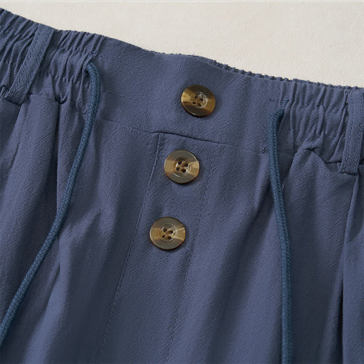 Buddha Stones Spring Summer Classic Decorative Buttons Drawstring Solid Long Pants Men's Straight Leg Pants With Pockets - image 5