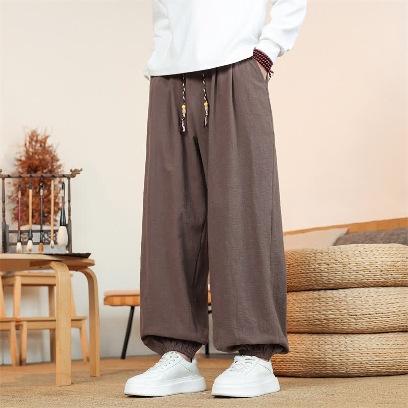 Buddha Stones Fall Casual Minimalist Drawstring Solid Cotton Ankle Pants Men's Straight Leg Pants With Pockets - SaddleBrown - US/UK/AU46，EU56 (5XL) - image 35
