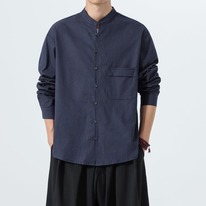 Buddha Stones Fall Casual Tang Style Mandarin Collar Solid Cotton Men's Long Sleeve Shirts - Navy - US/UK/AU46，EU56 (5XL) - image 0