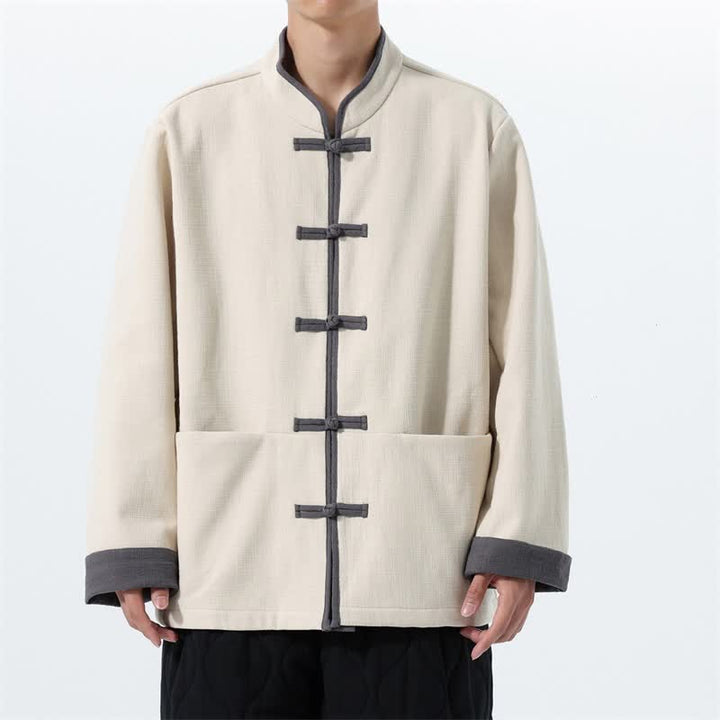 Buddha Stones Fall Winter Tang Style Vintage Frog Button Solid Cotton Men's Jacket With Pockets - Beige - US/UK/AU46，EU56 (5XL) - image 18