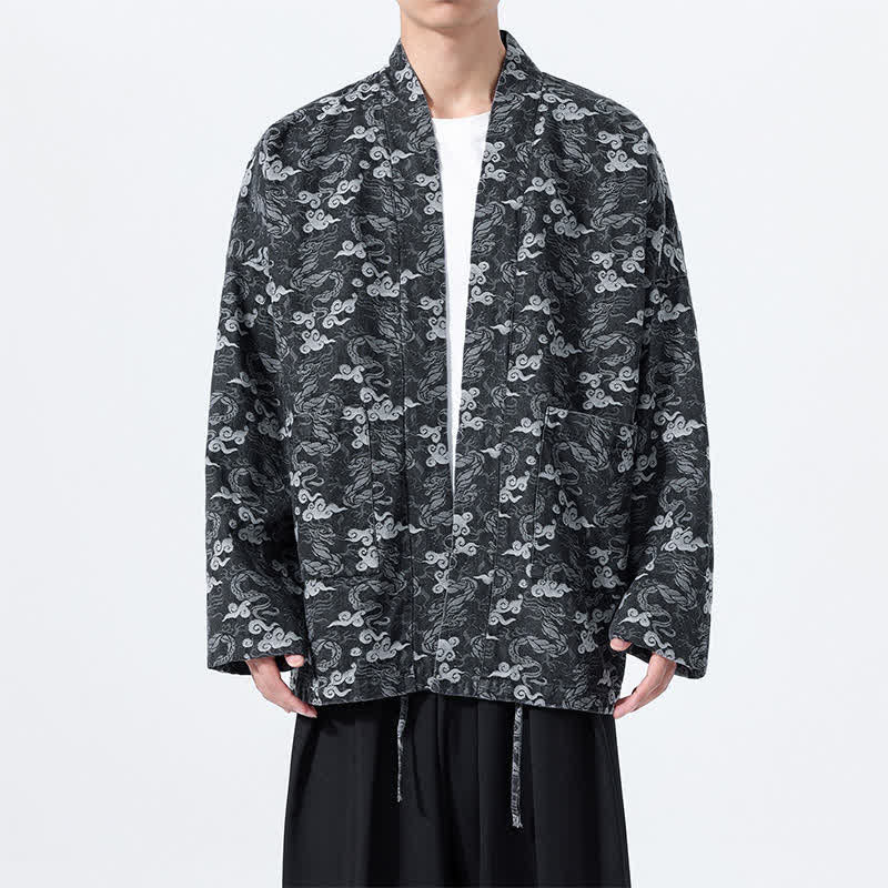Buddha Stones Spring Fall Casual Drawstring Abstract Clouds Cotton Men's Kimono - Black - US/UK/AU46，EU56 (3XL) - image 9