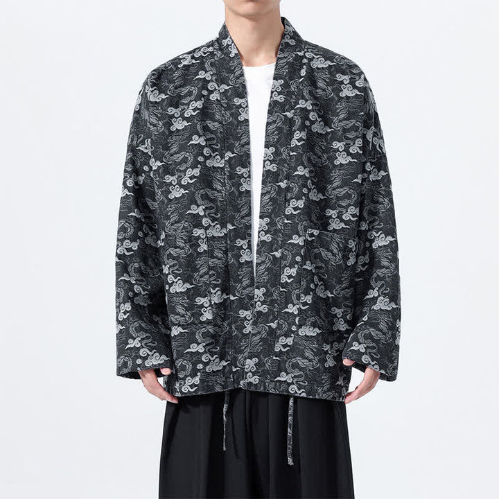 Buddha Stones Spring Fall Casual Drawstring Abstract Clouds Cotton Men's Kimono - Black - US/UK/AU46，EU56 (3XL) - image 9