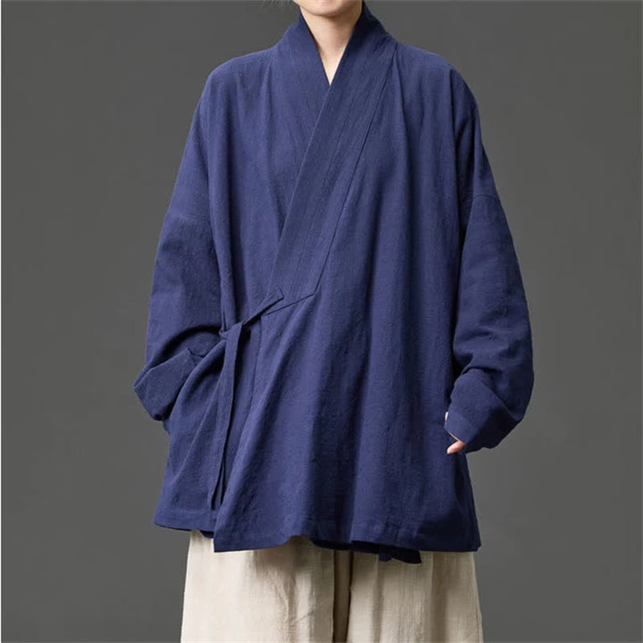 Buddha Stones Fall Winter Tang Style Minimalist Drawstring Solid Cotton Men's Kimono With Pockets - Navy - US/UK/AU46，EU56 (5XL) - image 6
