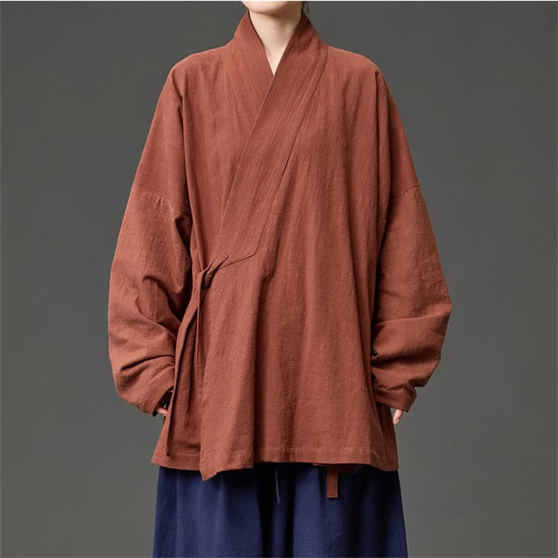 Buddha Stones Fall Winter Tang Style Minimalist Drawstring Solid Cotton Men's Kimono With Pockets - Sienna - US/UK/AU46，EU56 (5XL) - image 0