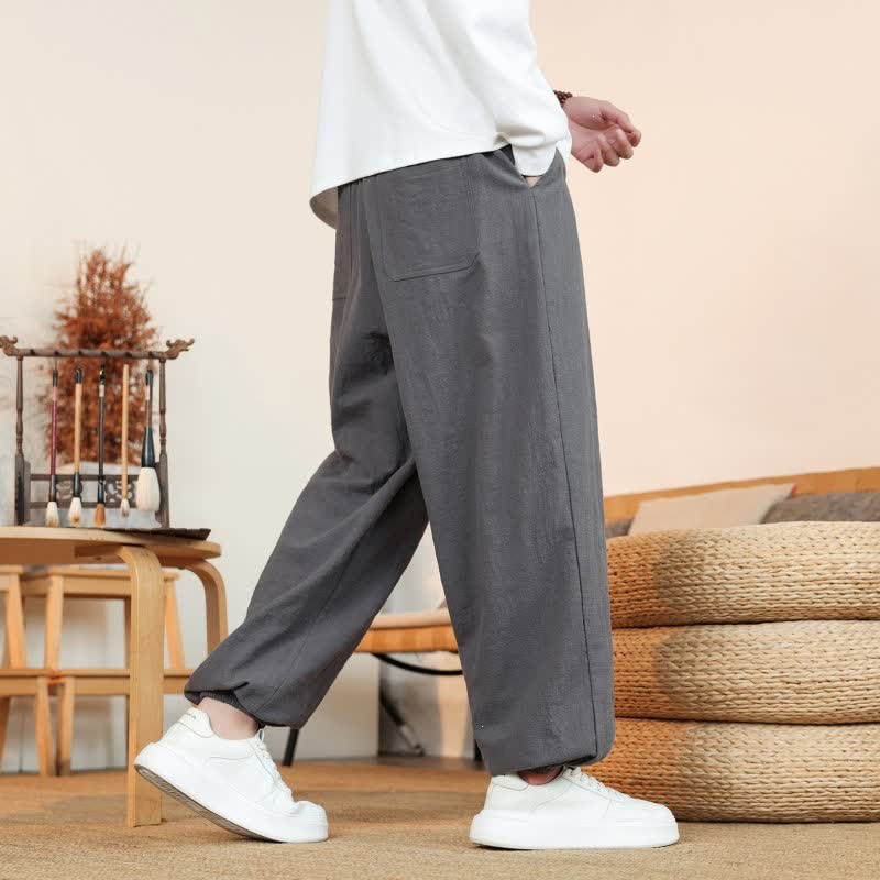 Buddha Stones Fall Casual Minimalist Drawstring Solid Cotton Ankle Pants Men's Straight Leg Pants With Pockets - image 4