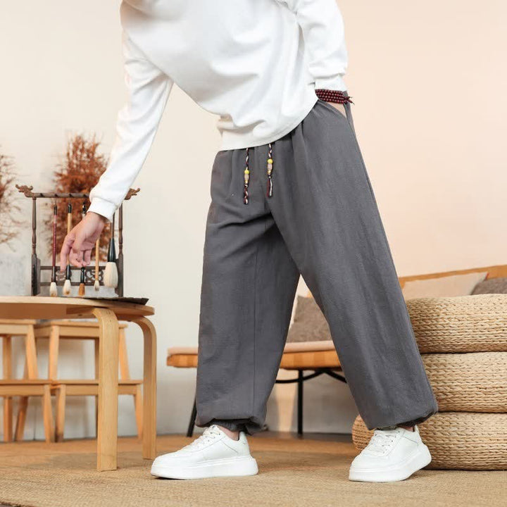 Buddha Stones Fall Casual Minimalist Drawstring Solid Cotton Ankle Pants Men's Straight Leg Pants With Pockets - image 8