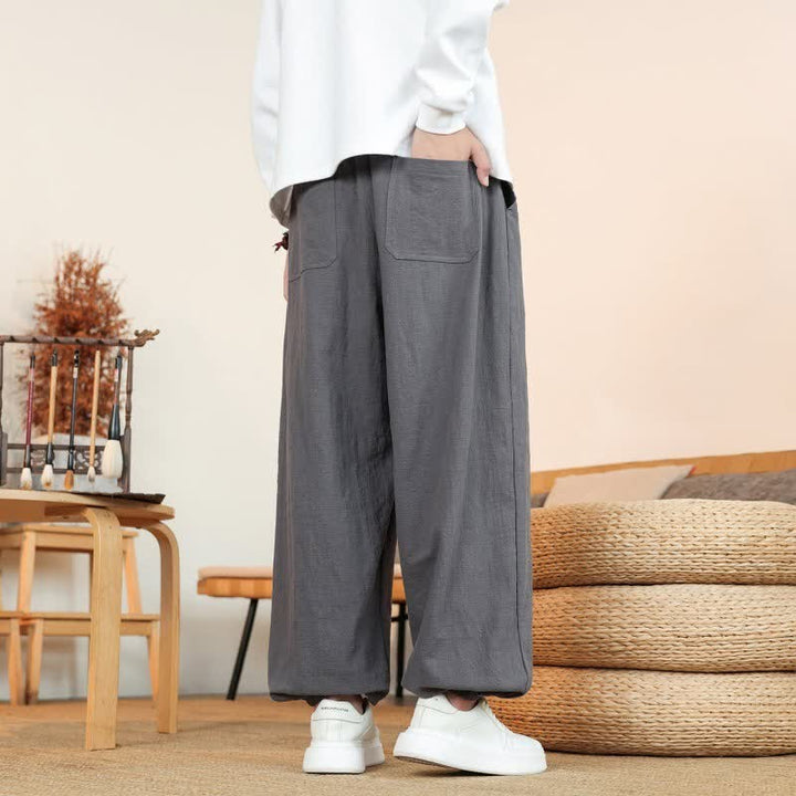 Buddha Stones Fall Casual Minimalist Drawstring Solid Cotton Ankle Pants Men's Straight Leg Pants With Pockets - image 3