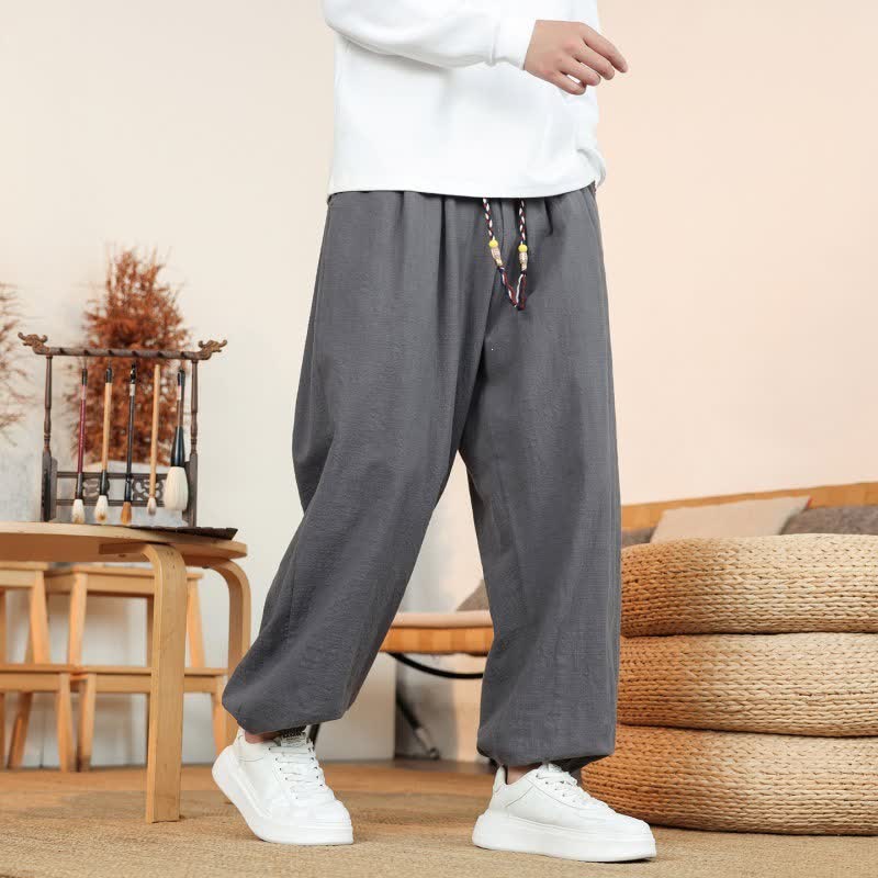 Buddha Stones Fall Casual Minimalist Drawstring Solid Cotton Ankle Pants Men's Straight Leg Pants With Pockets - image 5