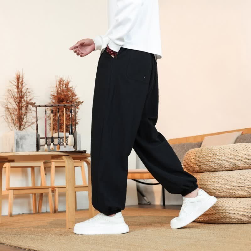 Buddha Stones Fall Casual Minimalist Drawstring Solid Cotton Ankle Pants Men's Straight Leg Pants With Pockets - image 22